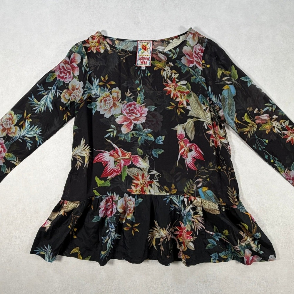 Johnny Was Womens XS Floral Bird Print Peplum Blouse Black Sheer Long Sleeve Top